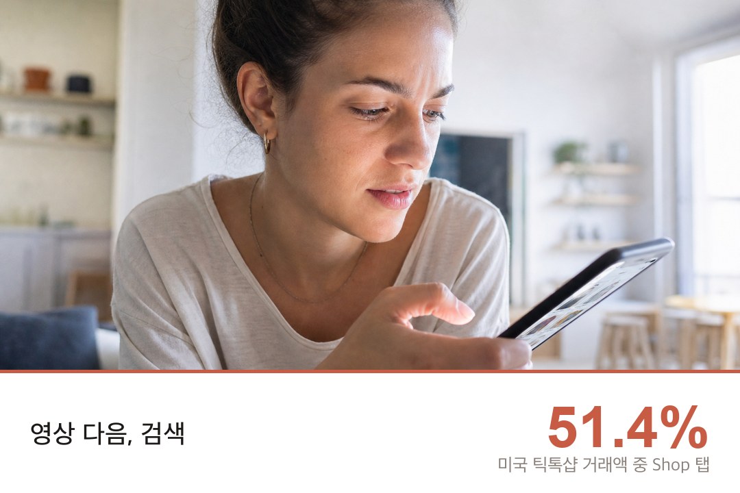 스마트폰에서 검색어를 입력하는 여성의 클로즈업, 아래 Shop 탭 비중 51.4% 표기 (배경 사진은 AI 제작)