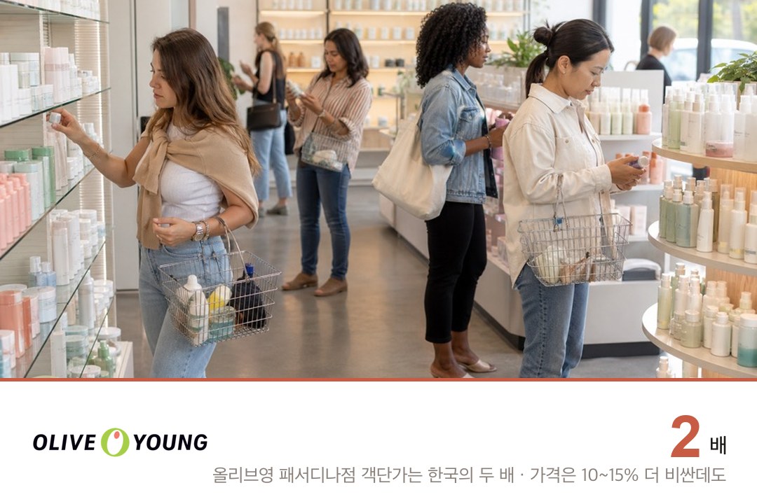 뷰티 편집숍에서 장바구니에 여러 제품을 담는 손님들, 아래 객단가 두 배 표기 (배경 사진은 AI 제작)