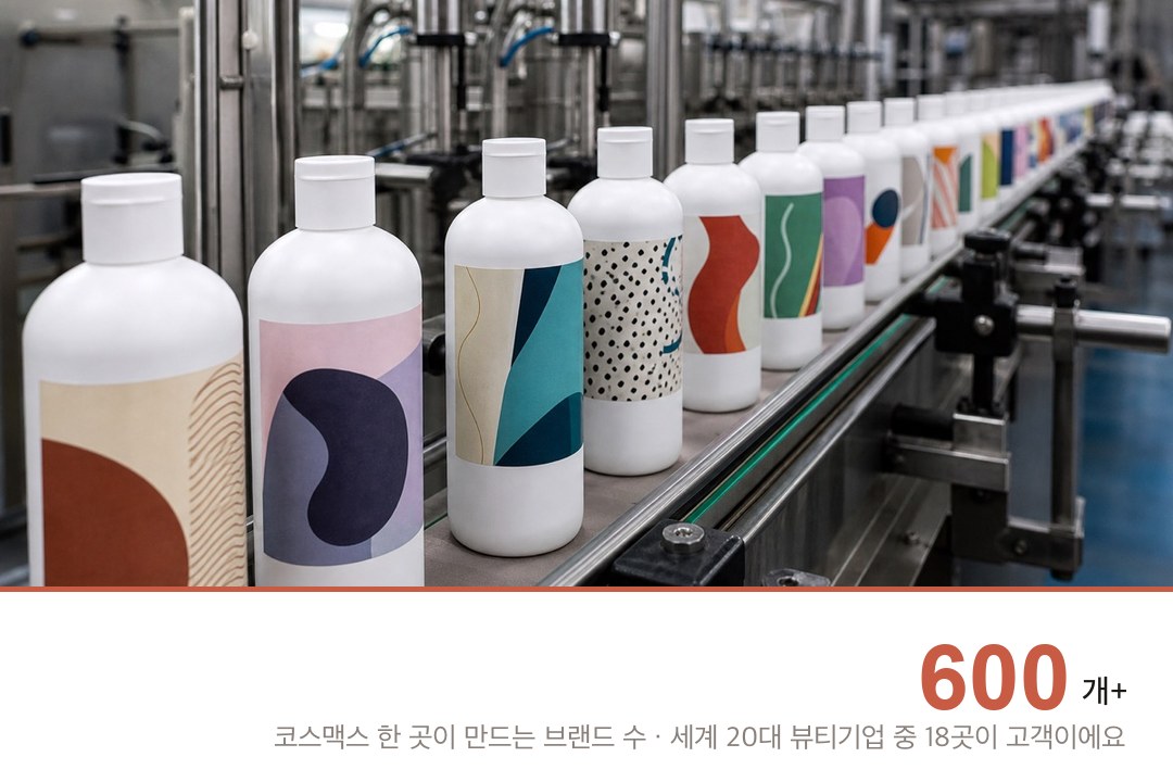 공장 컨베이어 위에 똑같이 생긴 흰 용기들이 서로 다른 라벨을 달고 줄지어 있는 모습, 아래 600개 이상 표기 (배경 사진은 AI 제작)